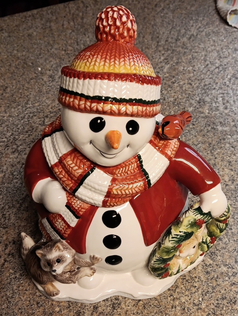 Fitz and Floyd Red and White Snowman Cookie Jar with Orange Accents